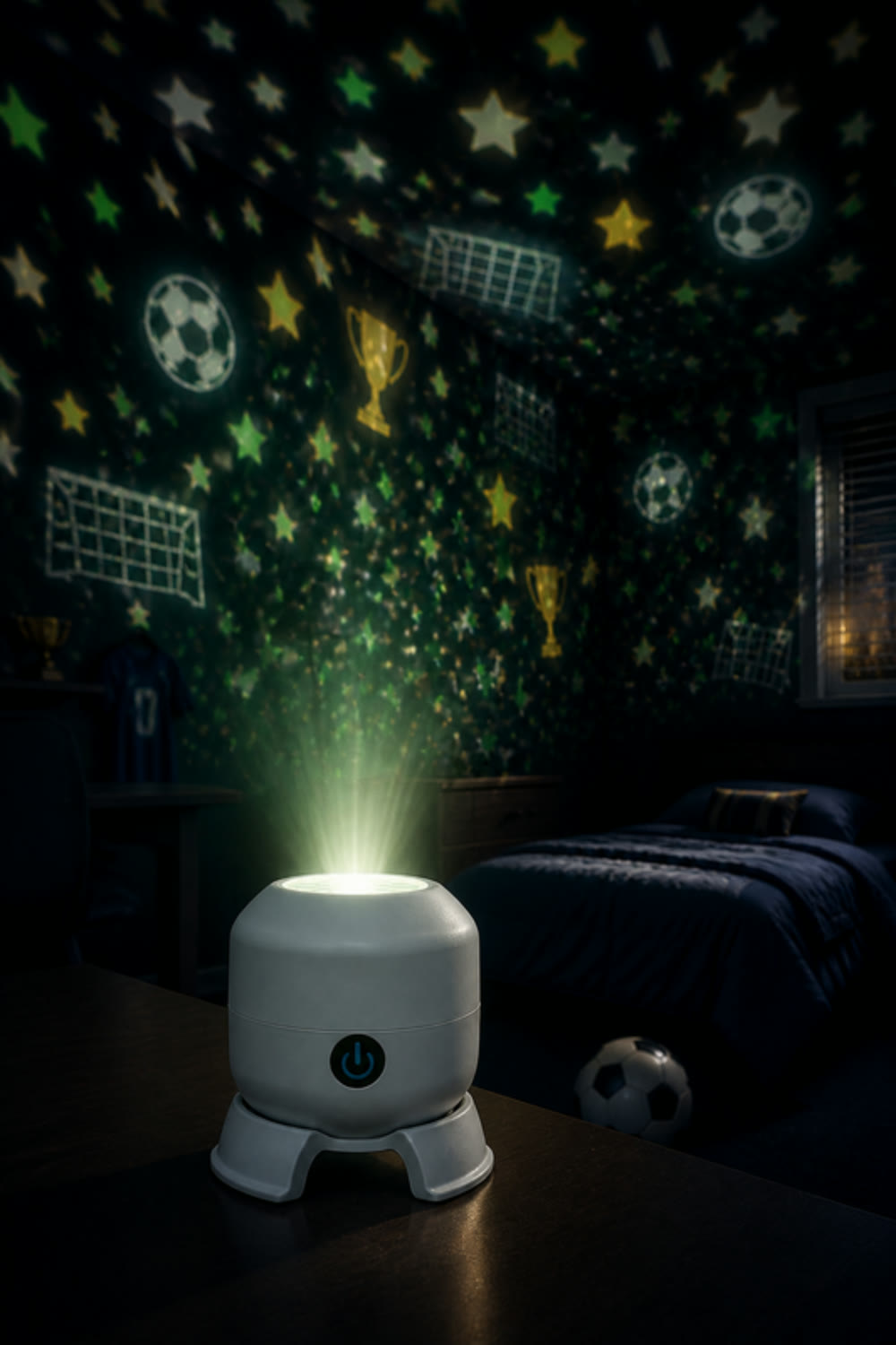 ORBE en primer plano proyectando balones, trofeos y estrellas en un cuarto juvenil
