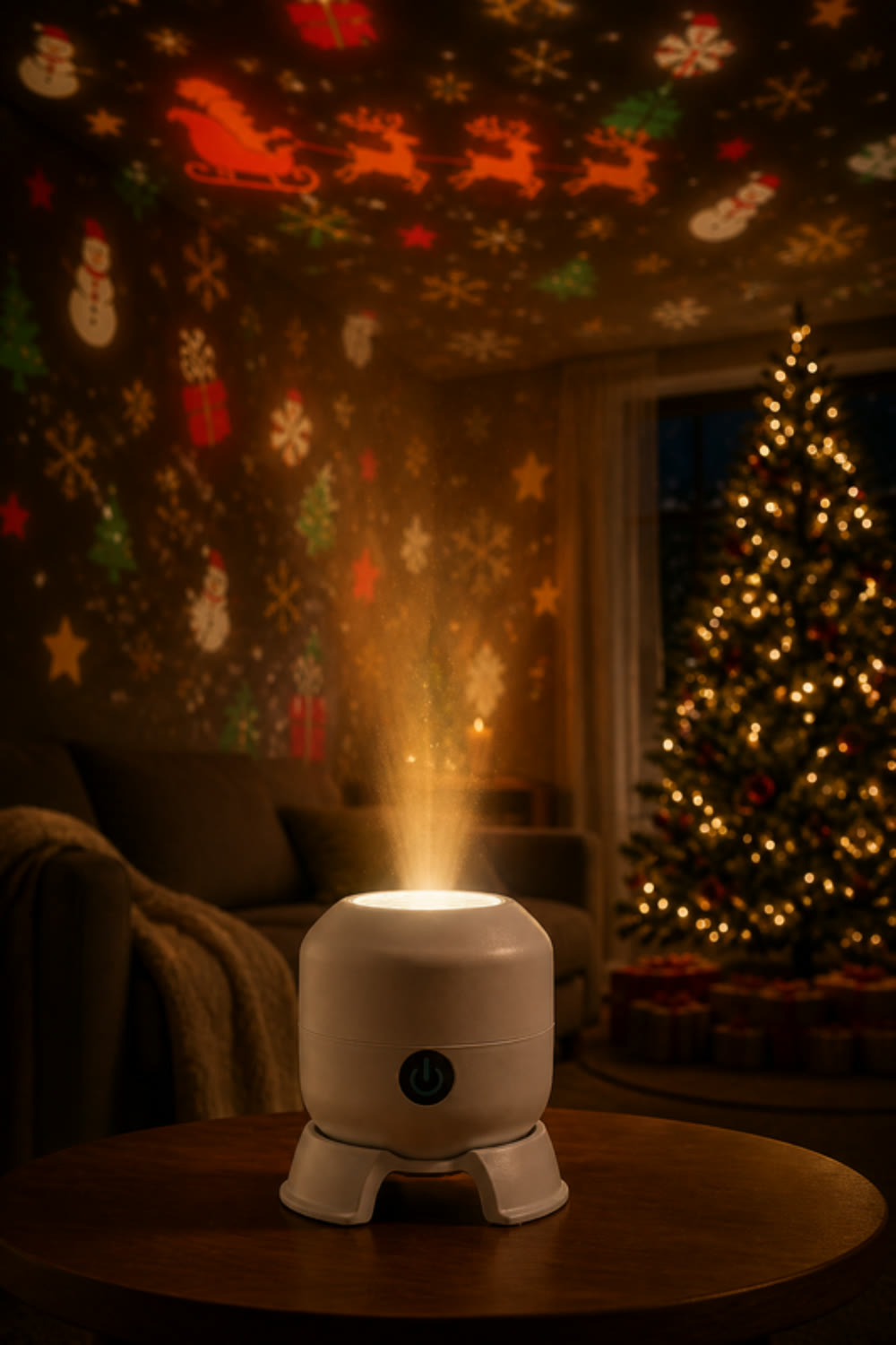 ORBE en primer plano proyectando trineos, renos y muñecos de nieve en una sala con árbol de Navidad