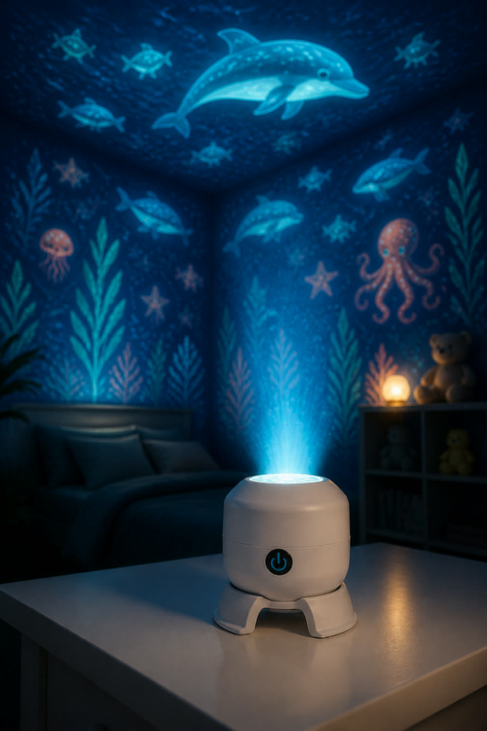 ORBE en primer plano proyectando delfines, peces y un pulpo de luz en un cuarto de niños